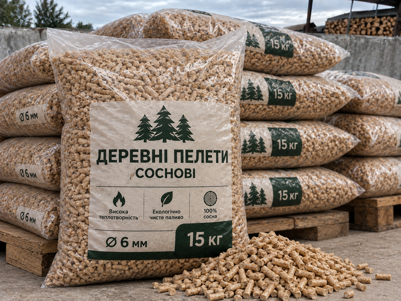 Пелети соснові 6 мм, фасування 15 кг, 1 тонна PELLET-SOSNA-6MM-1T фото